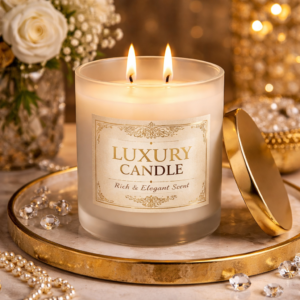 Premium luxury scented candle in a frosted glass jar with gold lid, placed on a marble tray with soft warm lighting and elegant decor in the background.