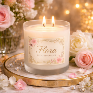 Floral scented candle in an elegant glass jar with a soft glowing flame, surrounded by fresh flowers and warm ambient lighting.