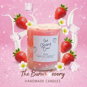Strawberry, orange, and watermelon shaped scented candles with lit flames, placed on a wooden surface with fresh fruits and warm decorative lights, featuring The Burn Theory logo.