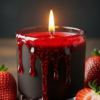 Red strawberry scented candle in a glass jar with melted wax dripping and fresh strawberries placed around it.
