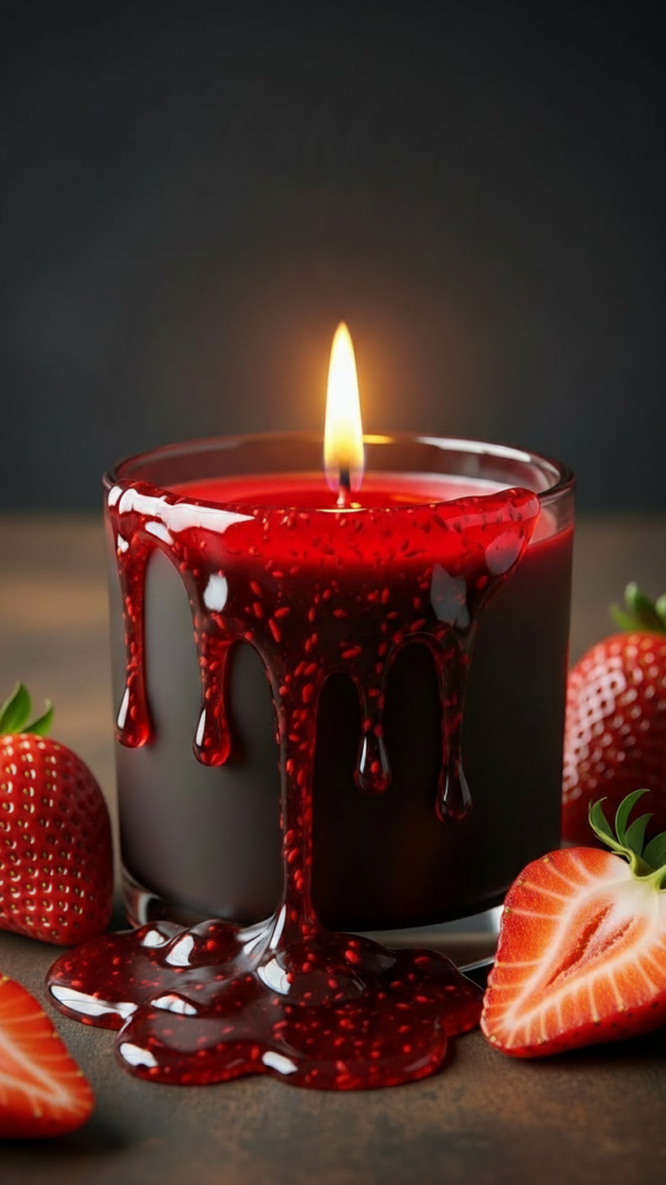Red strawberry scented candle in a glass jar with melted wax dripping and fresh strawberries placed around it.