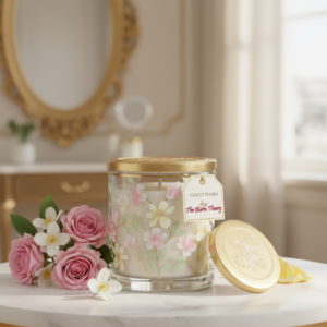 Luxury floral scented candle in an elegant cream glass jar with gold detailing, placed beside a matching premium floral gift box with ribbon, displayed on a gold tray with decorative crystals and flowers.