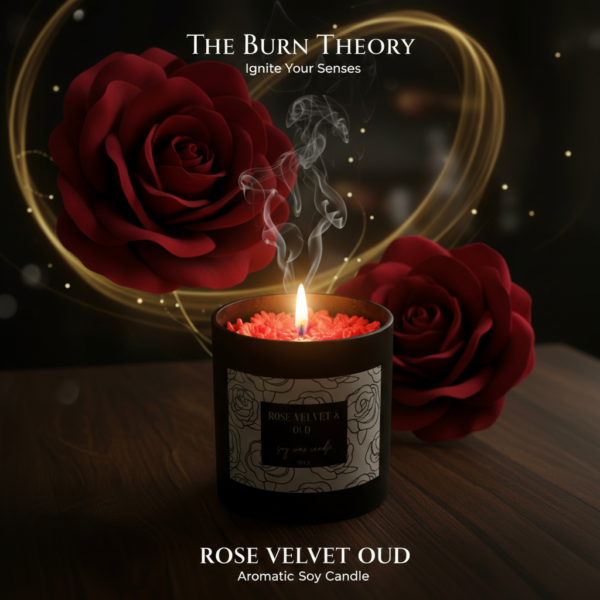 Rose Velvet Oud aromatic soy candle in a black jar with a lit flame, surrounded by red roses and soft golden light effects.